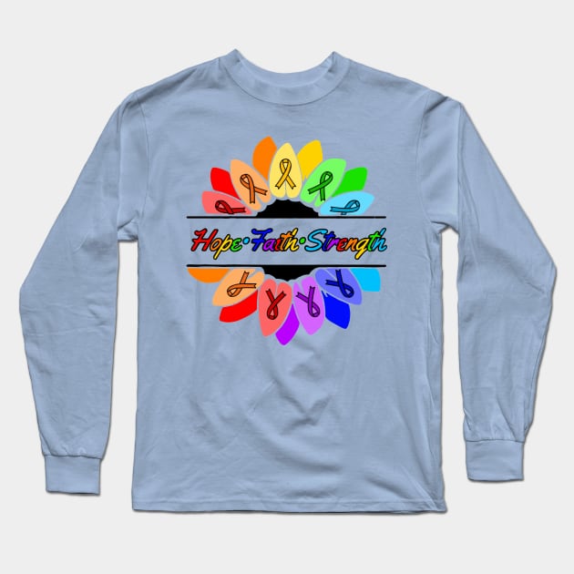 Rainbow Hope•Faith•Strength Sunflower Awareness Ribbon Long Sleeve T-Shirt by CaitlynConnor